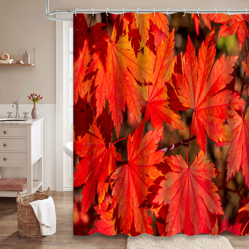 Autumn Maple Red Leaves Sunlight Shower Curtain with 12 Hooks, 72" L x 72" W