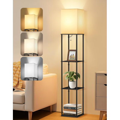 Lampe sur pied avec tablette de rangement, lampe sur pied autoportante de 62,2 pouces de hauteur, abat-jour en tissu doux, éclairage ambiant à changement de couleur 3-CCT 9W pour le salon, la chambre, le bureau et la décoration intérieure