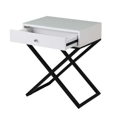 White Nightstand 23" With Glass Top, Drawer, And Metal Cross Base Side Table Interior 23