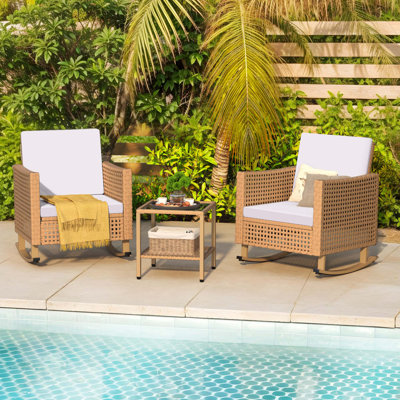 3 Pieces Outdoor Rocking Chair Set with Handwoven PE Rattan Patio Chairs, Cushions, and Side Table