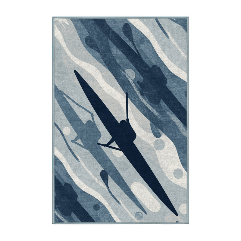 Machine Washable Auburndale Canoe Sprint Modern & Contemporary Rug in Blue – SkyBlue Binding, 2x5