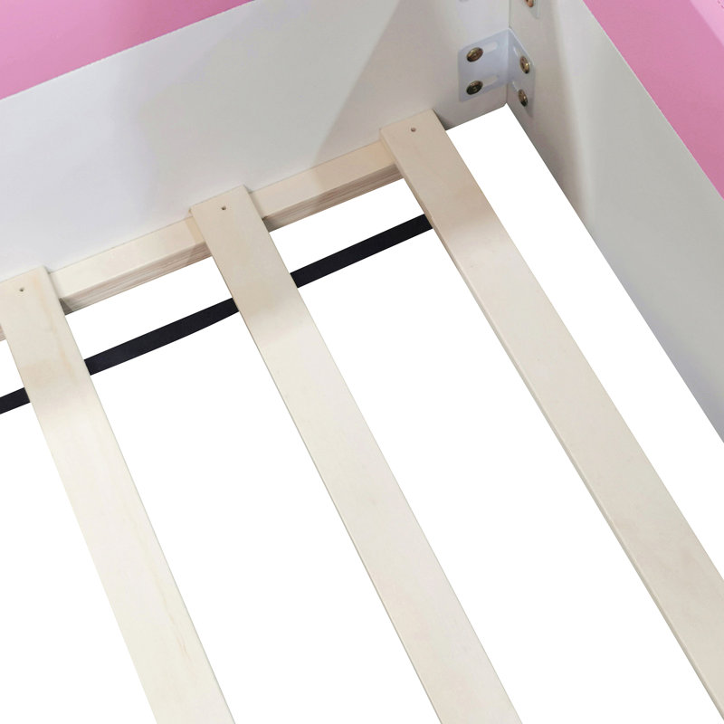 Upholstered  Daybed Frame With Fence And Stairs, Twin, Pink/White