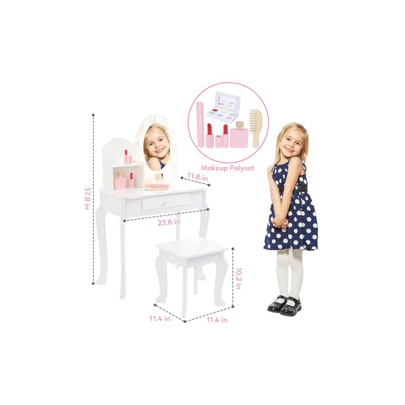 Girls' Vanity Set with Light and Mirror, Makeup Table and Stool for Kids, Wood Dressup Playset for 4-9, White