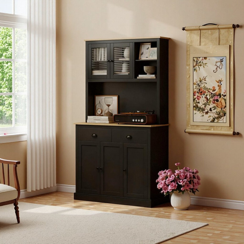 71" Modern Black Kitchen Pantry Cabinet with Drawers & Open Shelves - Storage Center for Coffee Bar or Microwave, Black