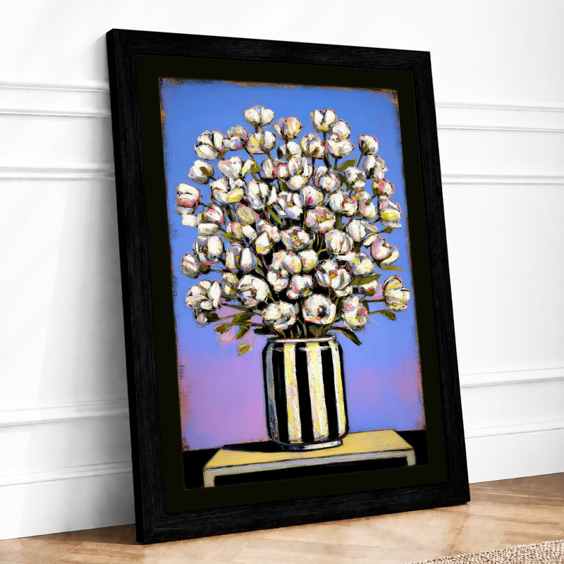 Blooms In Striped Vase Modern - Single Picture Frame Print, A4 - 29.7 x 21.0 cm, Black