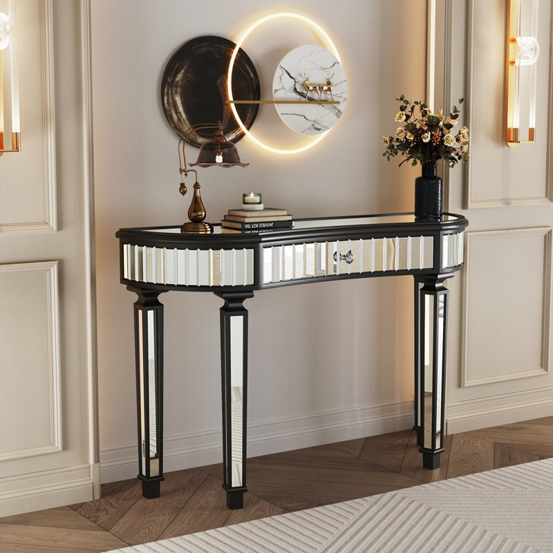 Console à miroir en demi-lune de 47 pouces avec verre cannelé et poignée en cristal, parfaite pour le vestibule ou la chambre à coucher