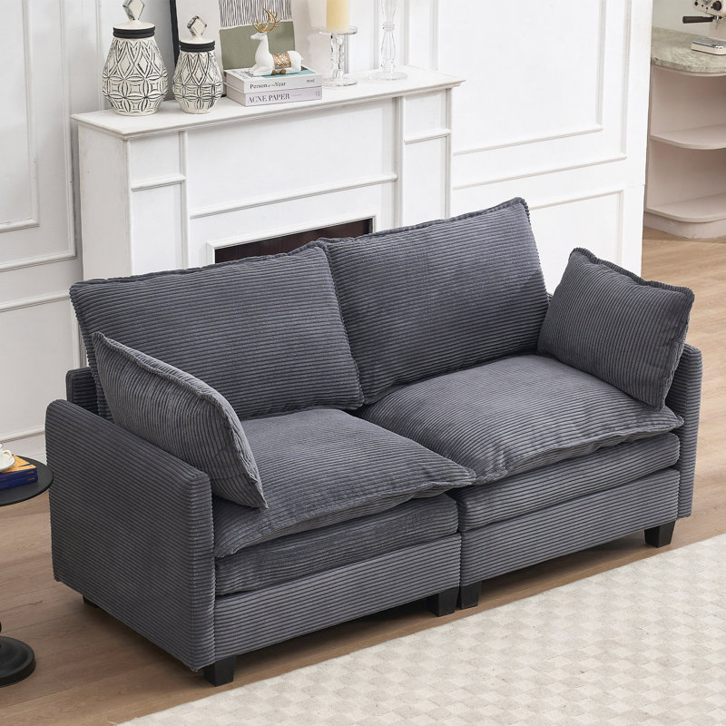 Canapé modulaire à 2 places avec coussins lombaires Labannah, Velours gris foncé