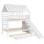 Lit superposé simple au dessus d'un lit simple avec lit gigogne et glissade, escalier de rangement, toit et fenêtre, blanc-659340688