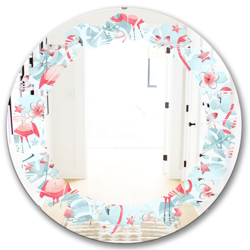 Modern Farmhouse Wall Mirror, 23.6" x 23.6" , Leaves Tropical Botanicals Flowers, Flamingo III