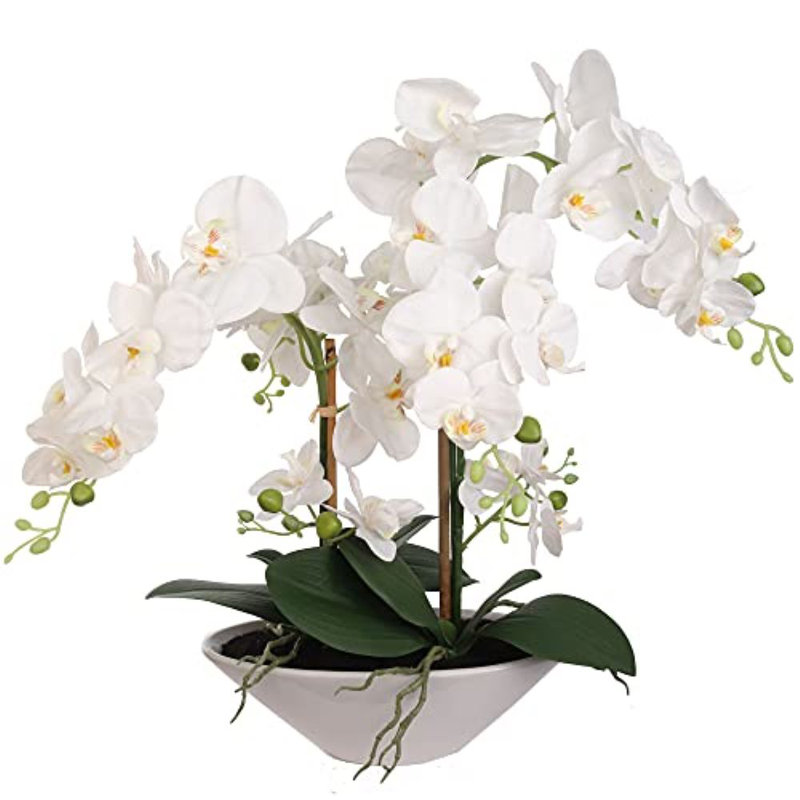 Élégant arrangement de pivoines blanches - 7 frondes, vase en verre transparent, fausses fleurs
