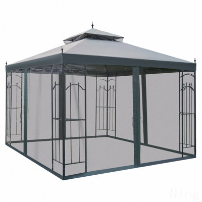 Gazebo, Double Roof For Outdoor Use With Corner Frame Shelves