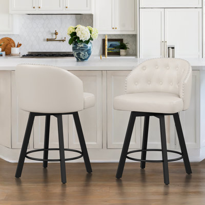 Cozyman Counter Height Bar Stools Set Of 2,  26" Swivel Faux Leather Upholstered Bar Stools With Backs And Metal Legs, Retro Counter Stools For Kitchen Island, Dining Room, Pub, Antique White