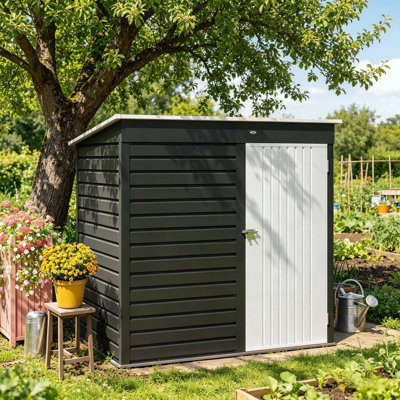 Metal Storage Shed with Lockable Door and Horizontal Slat Design