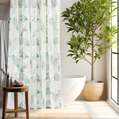 Rideau de douche imperméable en PEVA, 79 po x 94 po, motif feuilles blanches et vertes, avec aimants et crochets