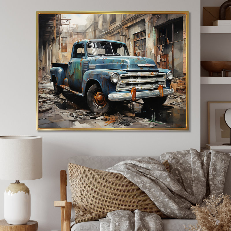 Élégance industrielle camionnette - transport mural, H 12 po x l 20 po x P 1 po, Cadre flottant doré