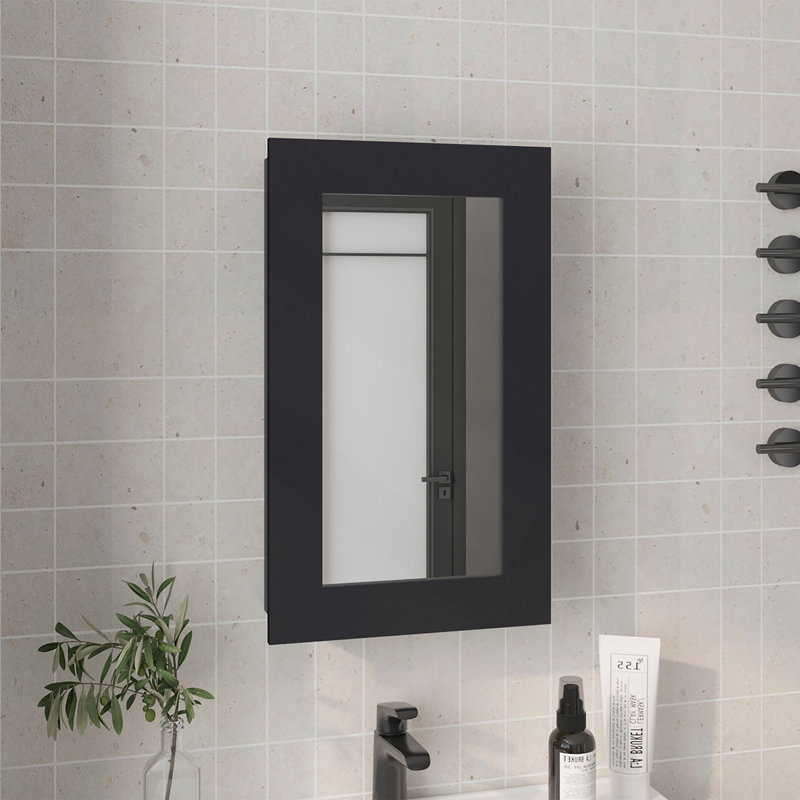 Juno 25.7" H X 15.7" W Narrow  Mirror Medicine Cabinet, One Door With Three Interior Shelves For Bathroom, Kitchen Black