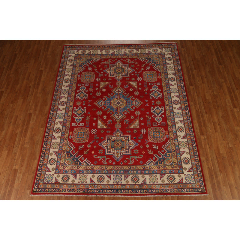 Tapis rouge / beige en laine noué à la main de conception unique 8 pi 1 po x 10 pi New Age