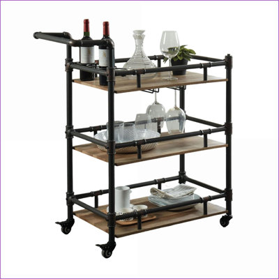 Serving Carts Industrial Style 3-Tier Antique Black/Natural Oak Metal Frame with Wheels | | Dining Room by Latitude Run