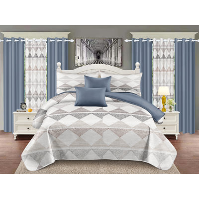 9pcs Quilt Bedding Set Grey Stripe Bedspread Queen Size for Bedroom, Lightweight Comforter with 2 Pillow Shams, 6 Matching Curtains 86x86In