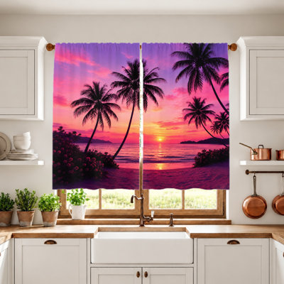 2Pcs Tropical Beach Sunset Palm Trees Curtains, Light Filtering Fabric, Vibrant Coastal Scene, Sunshade and Privacy Protection, Rod Pocket Design for Living Room, Bedroom, Balcony, Kitchen Home Decoration