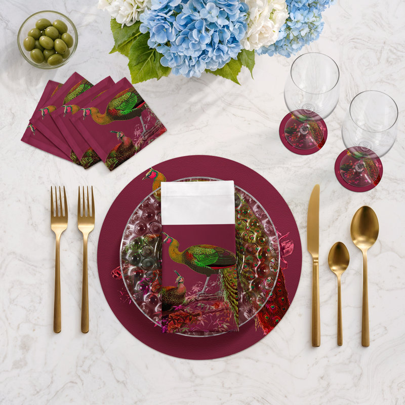 Family Pheasants Vegan Leather Round Pebble Placemat, Pinot