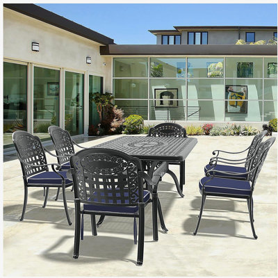 7-Piece Set Of Cast Aluminum Patio Furniture With Black Frame and Blue Cushions (same as:W1710S00495)