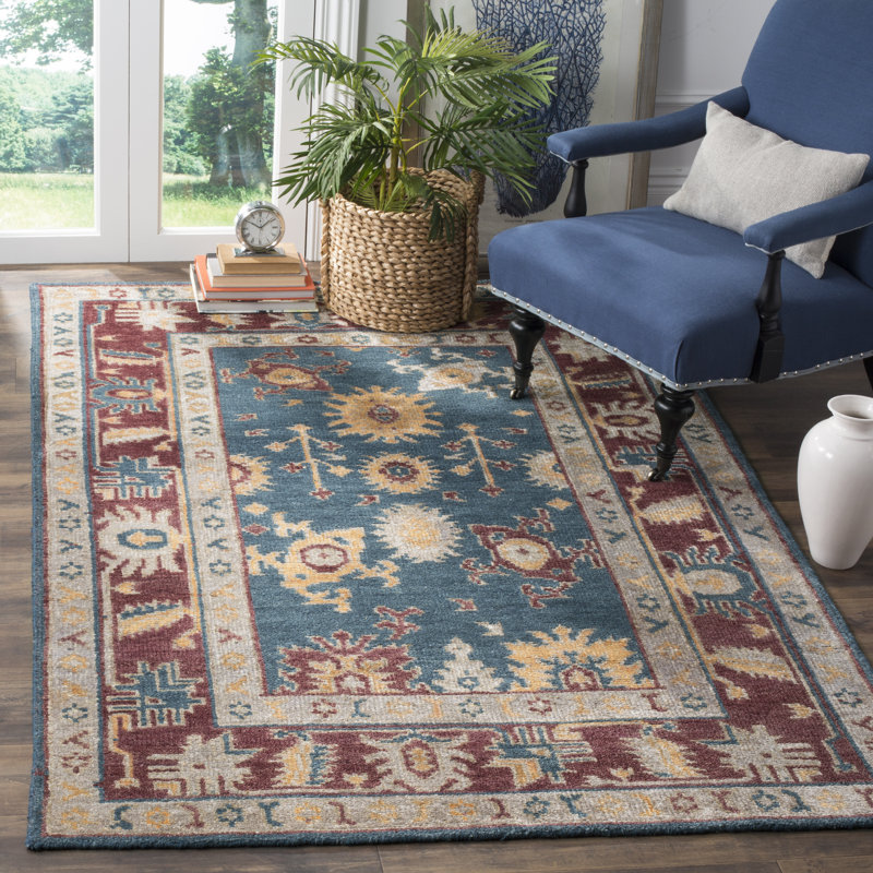 Tapis bleu / rouge en soie / coton noué à la main Hacienda, Rectangle 4 pi x 6 pi