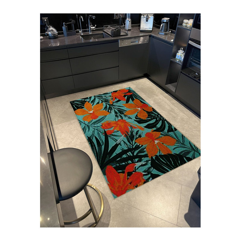 Tapis turquoise lavable à motif floral et à motif de feuilles, Tapis de couloir 4 pi 11 po x 9 pi 10 po inclus