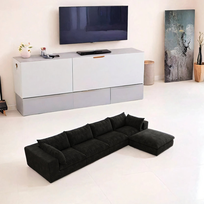 Canapé en velours côtelé de 157,6 pouces, H 24 po x l 157,6 po x P 78,8 po, Velours côtelé noir