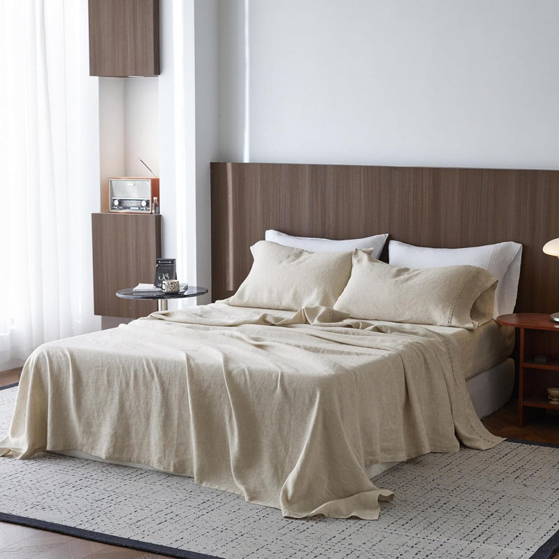 Ensemble de draps 100% lin lavé - Draps en lin naturel français, Lin lin, Très grand 1 drap plat + 1 drap-housse + 2 taies 