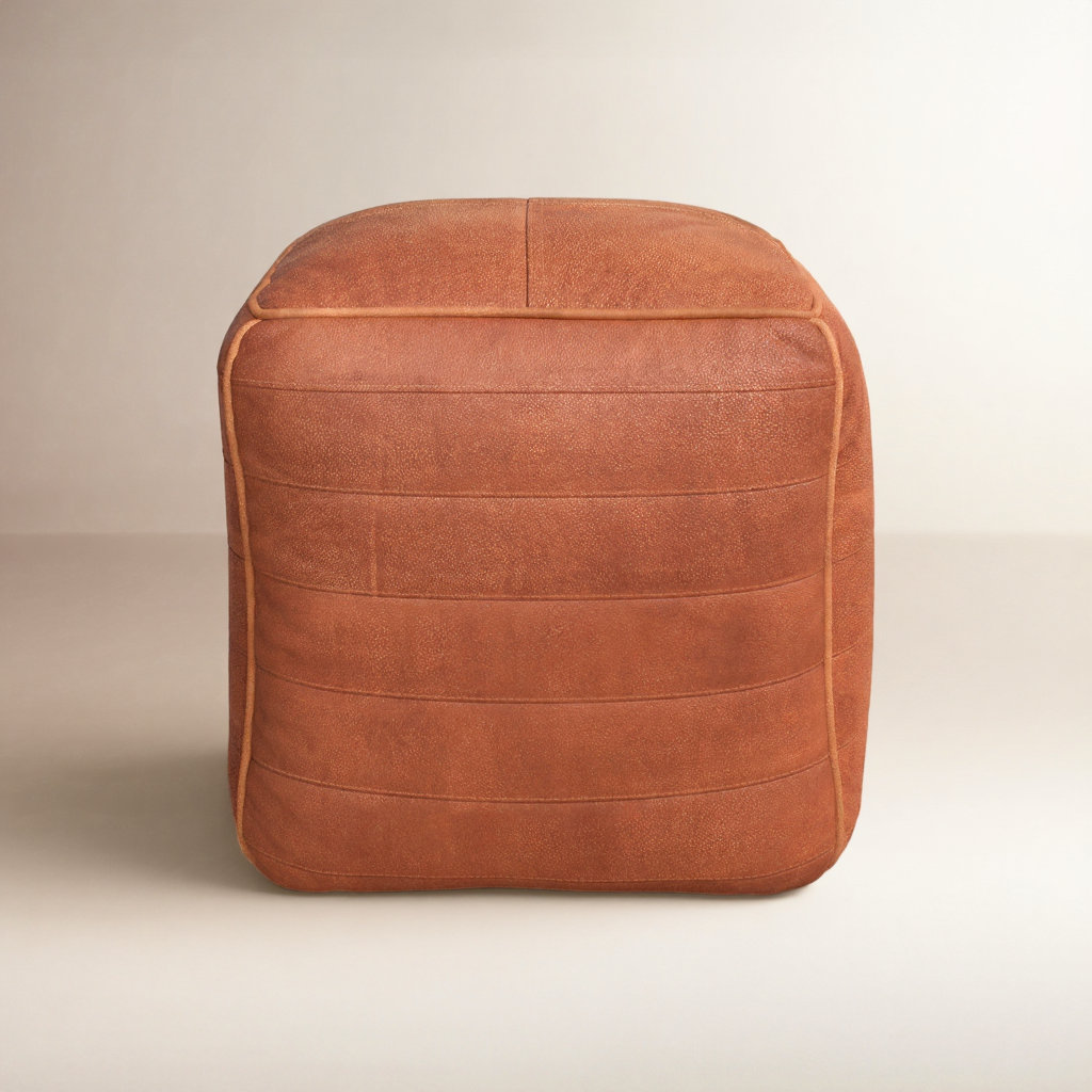 Shari Leather Pouf, Brown Genuine Leather