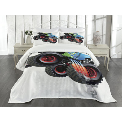 Ambesonne Cars Bedspread Set Monster Truck Cool Cartoon Queen Aqua Green Black -  bed_46048_queen