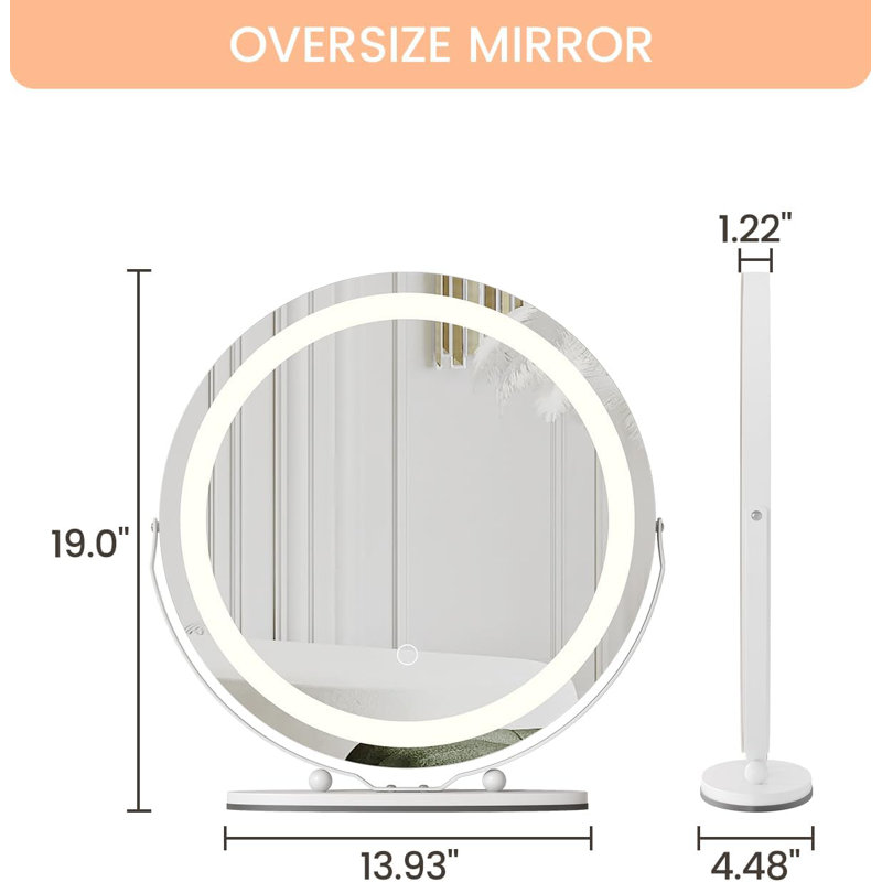 Grand miroir de maquillage pour meuble-lavabo de 19 pouces avec lumières, miroir de maquillage à intensité variable 3 couleurs à contrôle tactile, éclairage impeccable pour un maquillage professionnel, conception rotative à 360 °