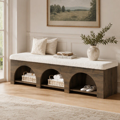 Banc de 63 po pour salle d'entrée rembourré, banc à chaussures à 2 niveaux avec coussin et tablette