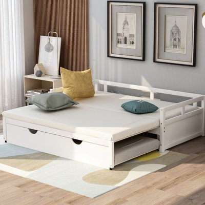 Twin to King Extending Daybed with Trundle, Solid Wood, 1 Piece, White, 78.0"L x 123.6"W x 23.2"H