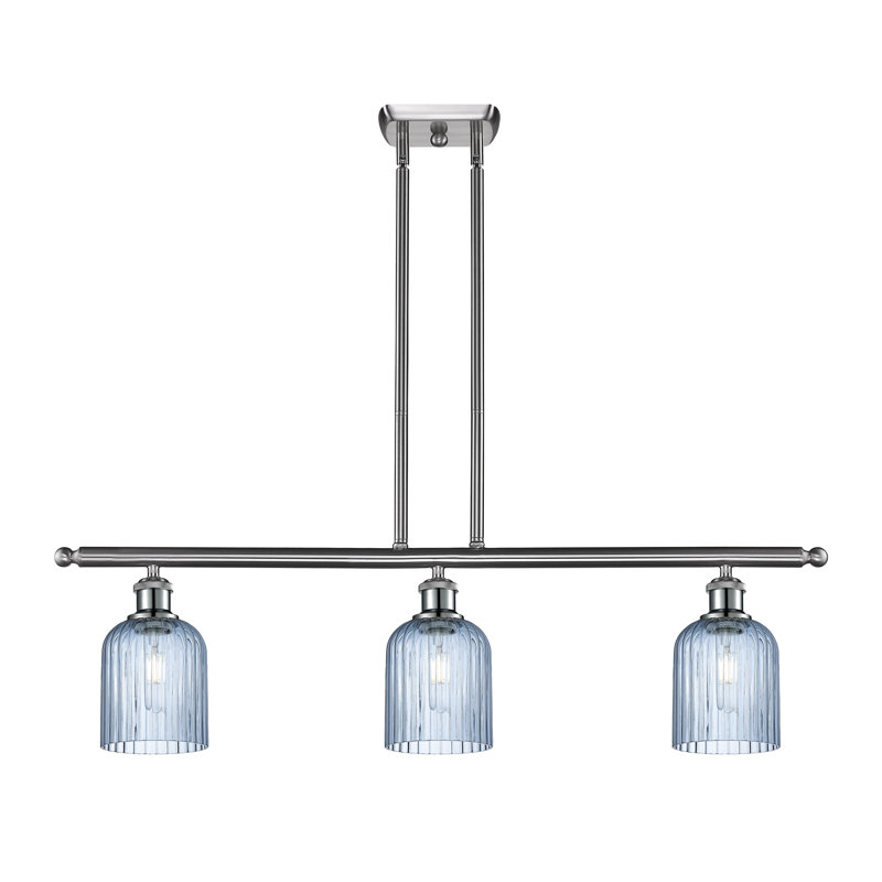 Luminaire suspendu pour îlot de cuisine 3 lumières Fiennes, Nickel satiné, Bleu princesse