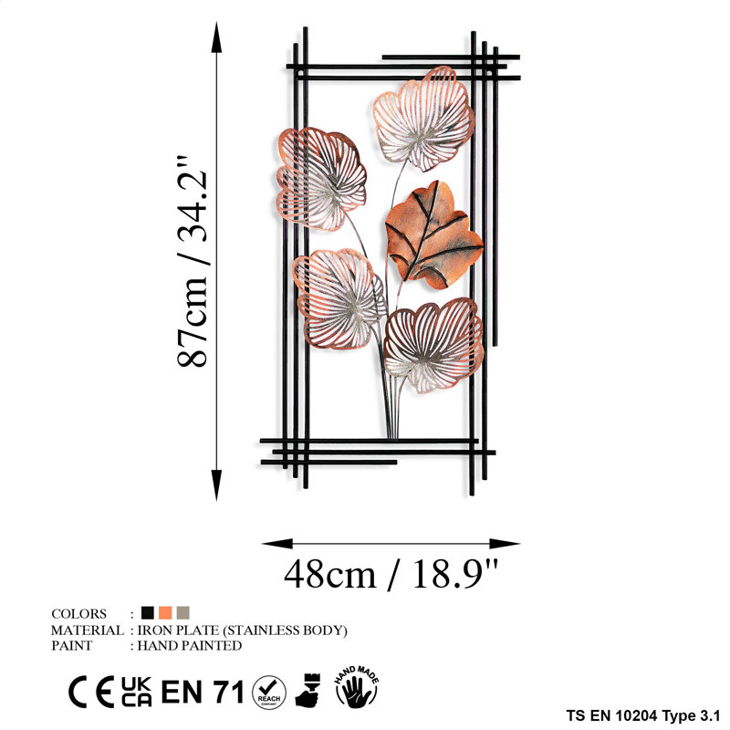 Handmade Decorative Metal Wall Accessory, 18.9 x 34.3 x 1.6 inches | 100% Metal, Unique Hand-Painted Design | Perfect for Living Room, Bedroom, or Office Decor | Easy Wall Mounting with Back Piece