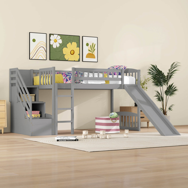 Lit mezzanine simple avec glissade, lits mezzanine en bois avec tiroirs de rangement et escalier