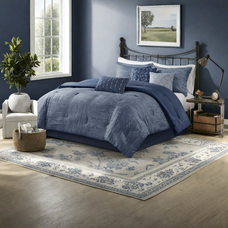 Ensemble de literie moderne en microfibre bleu marine Seersucker pour la maison
