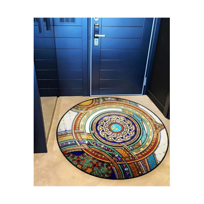 Multicolored Ethnic Motif Patterned Round Woven Base Vintage Decorative Carpet