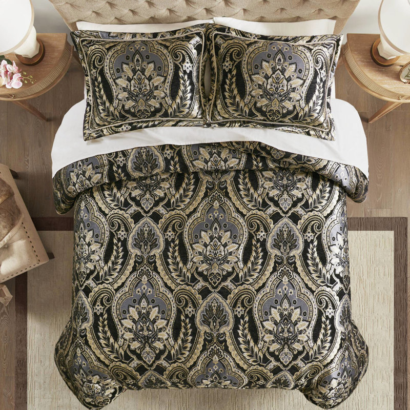King Comforter Of 4 - 1 Comforter, 2 Shams, , Pattern, Hidden Zipper, Chenille Face, Solid Backing Items Design Style, , Reverse Side