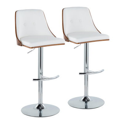 Tabouret de bar réglable de style Mid-Century avec pivot à 360 degrés, ensemble de 2 pièces, métal chromé et bois de noyer avec siège en similicuir blanc, hauteur du comptoir au bar, repose-pieds arrondi en T