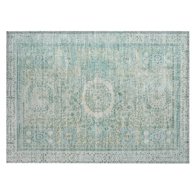 Machine Washable Indoor/Outdoor Xhevrie Turquoise Rug