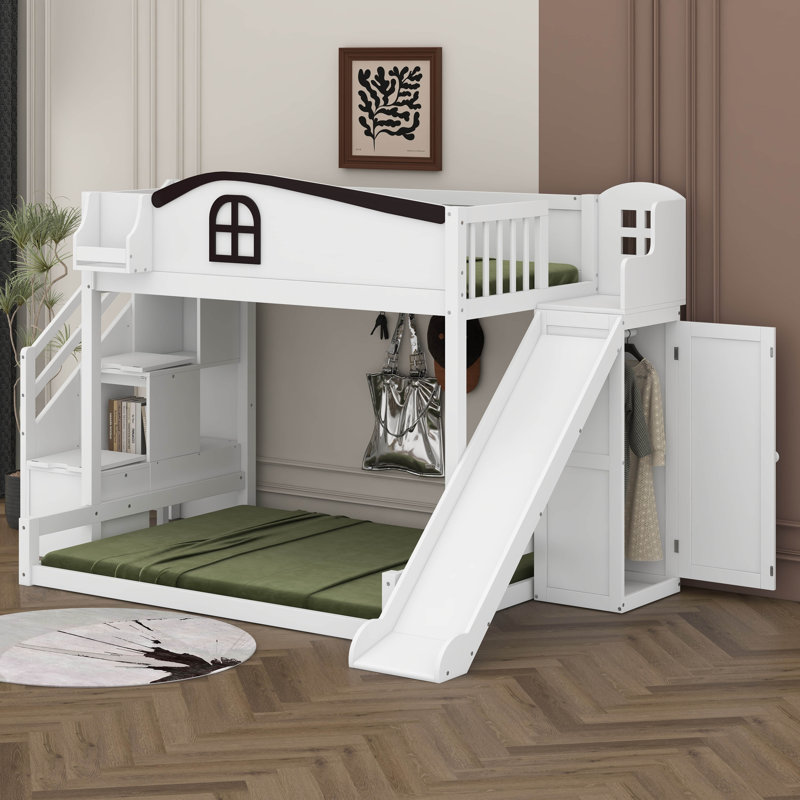 Twin Over Full Bunk Bed With Slide And Staircase, Storage Shelf And Wardrobe,  Wood Loft Bunk Bed With House Design Safety Guardrail