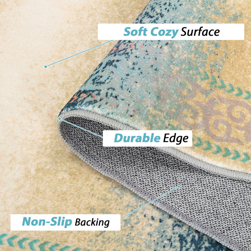 Machine Washable Rugs Bordered Design Modern Non-Slip Low Pile Rubber Backing Ombre Area Rug for Living Room Bedroom Kitchen Dining Room