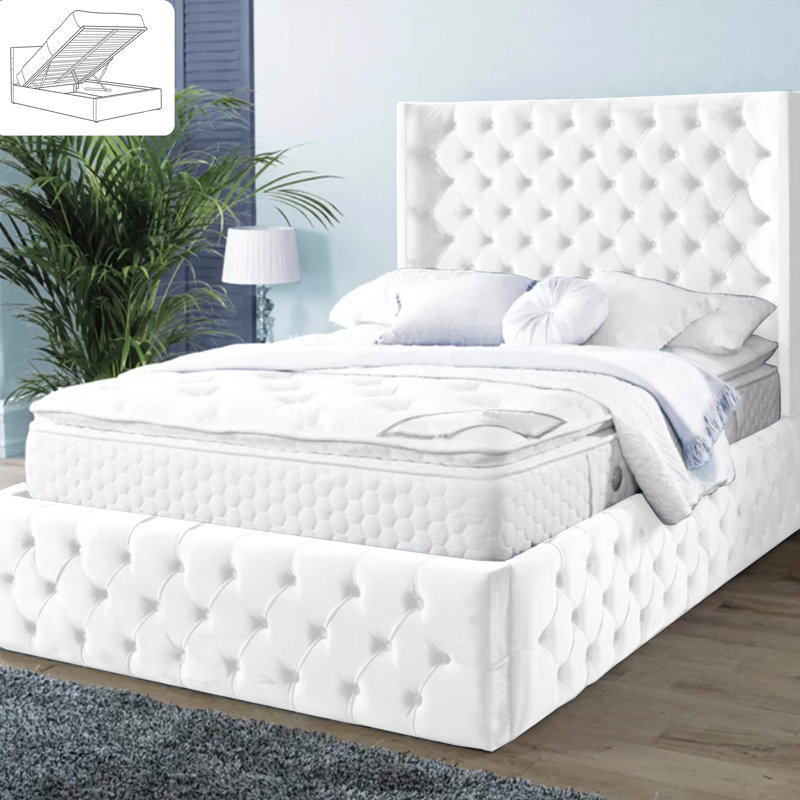 Demars Chesterfield Ottoman Storage Bed - Button-Tufted Velvet Upholstered Bed Frame, Black, Double (4'6)