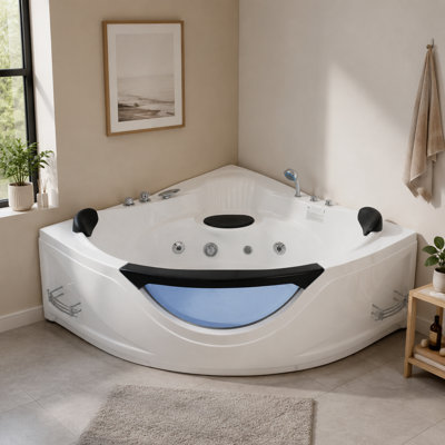 59" Corner Whirlpool Bathtub For 2 Persons With 6 Massage Jets, LED Lighting, Faucet & Hand Shower