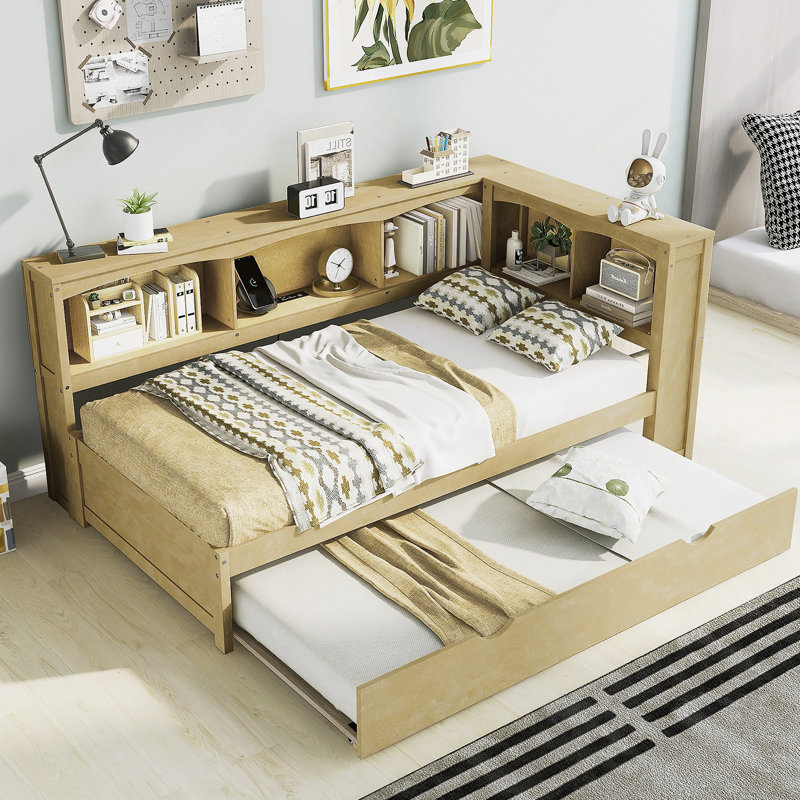 Lit de jour avec couchette, ports USB et armoires de rangement, Bois