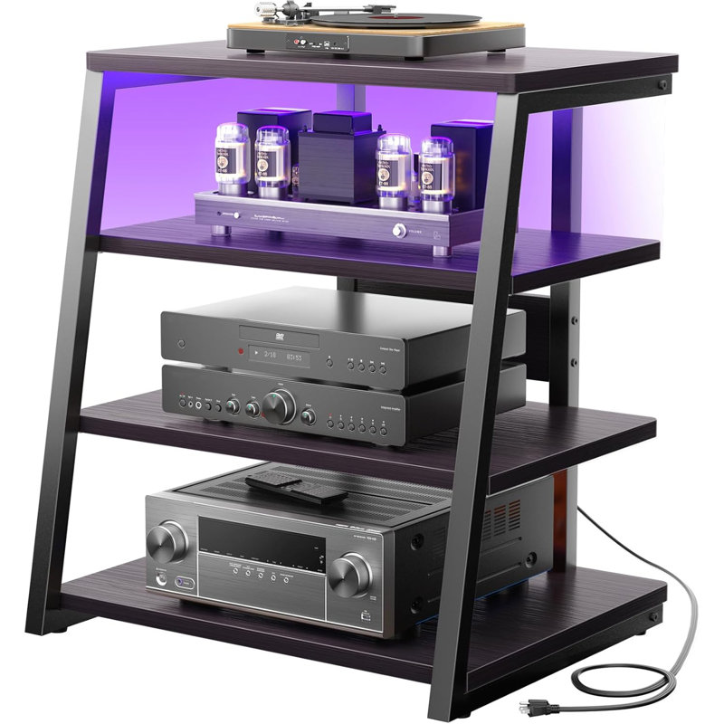 Black Ebony 30'' Corner Media Stand with LED Lights and Power Strips