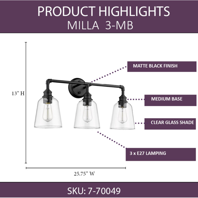 Rachal 3 - Light Vanity Light, Matte Black
